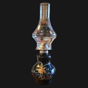 Vtg 80's Kaadan Ltd. Black Gold Orchids Oil Kerosene Hurricane Lamp Glass 16”